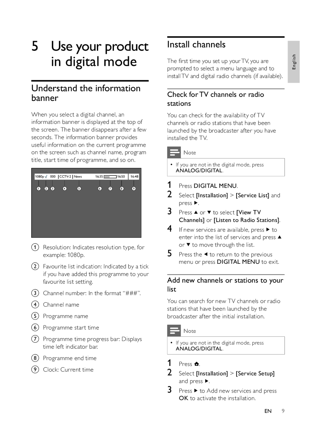 Philips 32PFL5609D/30 Understand the information banner, Install channels, Check forTV channels or radio stations 