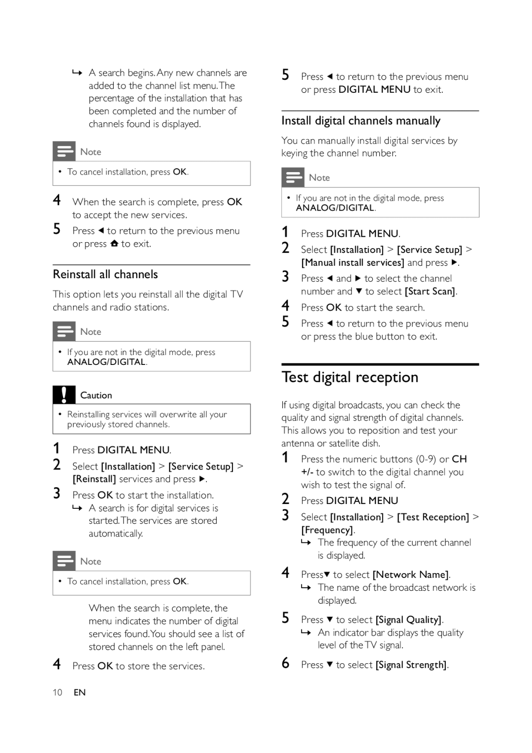 Philips 42PFL5609D/30, 42PFL7409D/30 Test digital reception, Reinstall all channels, Install digital channels manually 