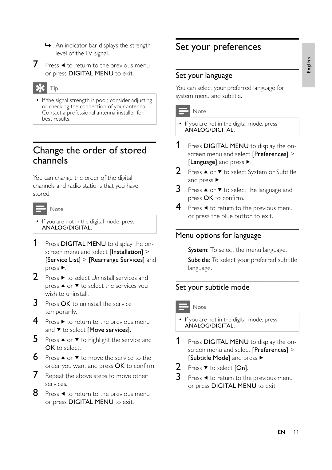 Philips 47PFL7409D/30 Change the order of stored channels, Set your preferences, Set your language, Set your subtitle mode 