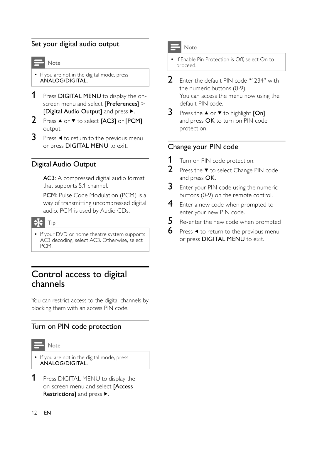 Philips 47PFL5609D/30 user manual Control access to digital channels, Set your digital audio output, Digital Audio Output 