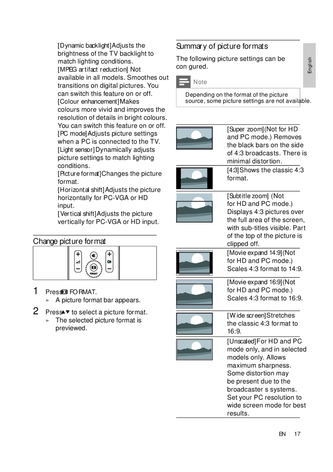 Philips 47PFL5609D/30 Change picture format, Summary of picture formats, Following picture settings can be, Con gured 