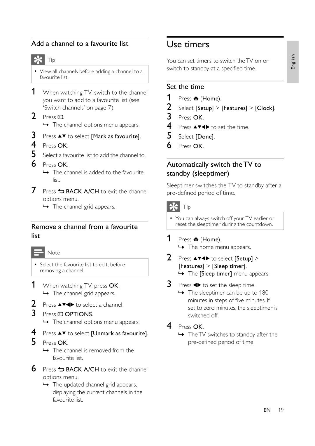 Philips 32PFL5609D/30 Use timers, Add a channel to a favourite list, Remove a channel from a favourite list, Set the time 