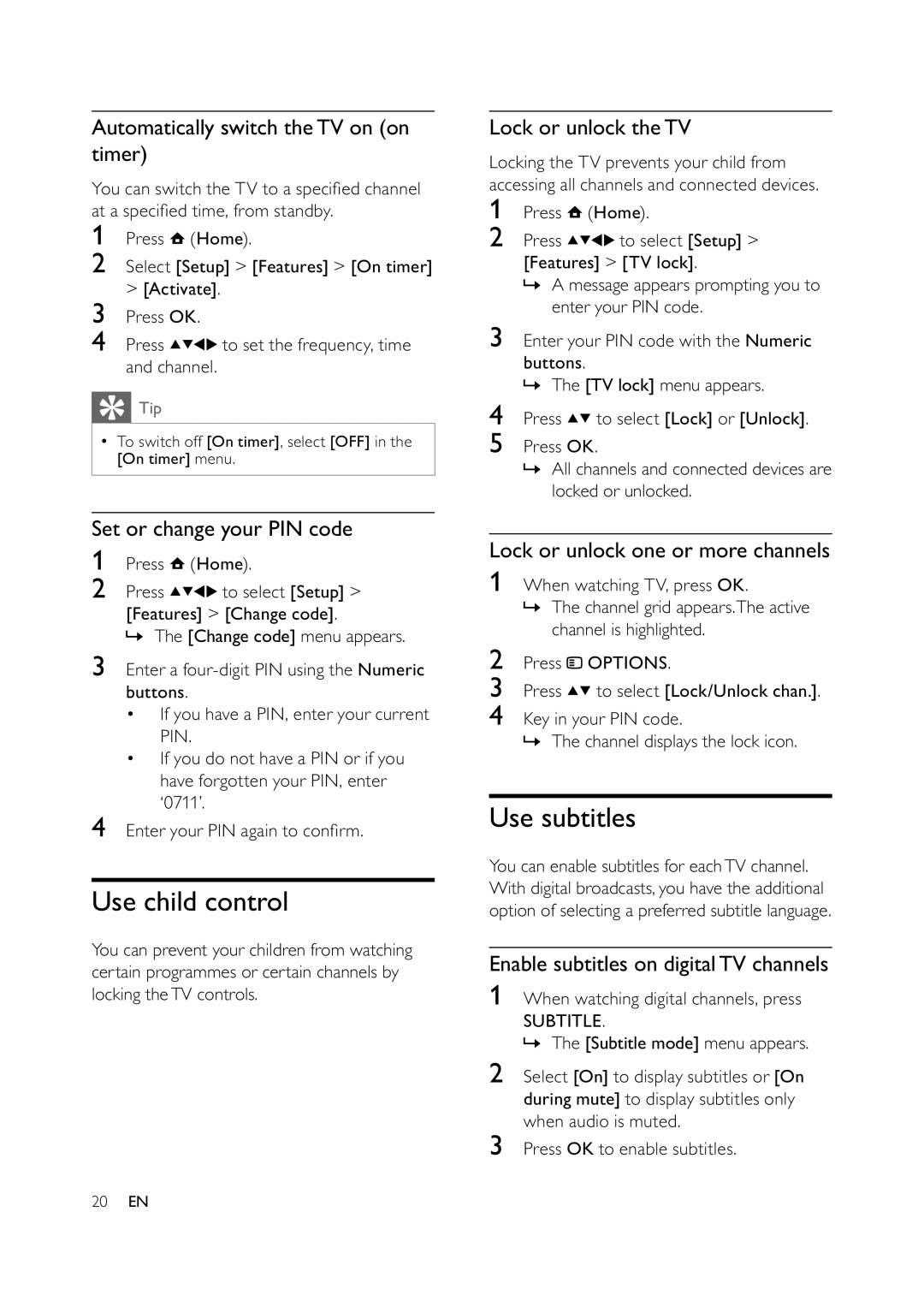 Philips 42PFL5609D/30, 42PFL7409D/30, 32PFL5609D/30, 47PFL7409D/30, 47PFL5609D/30 user manual Use child control, Use subtitles 