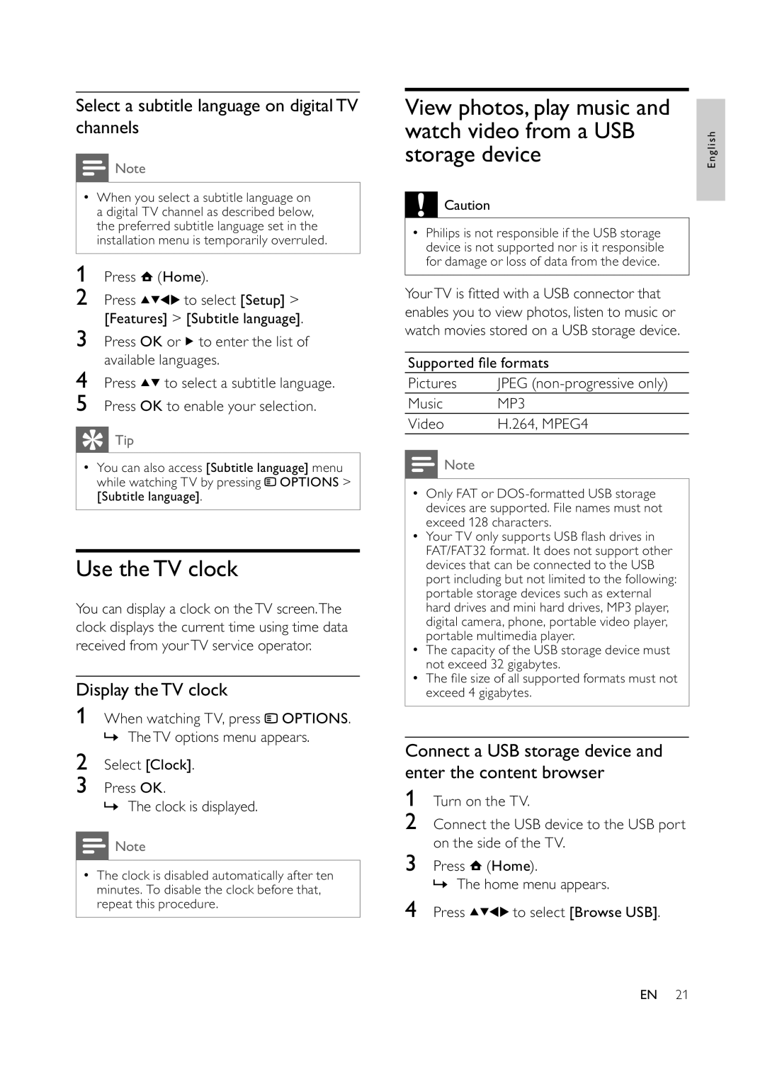 Philips 47PFL7409D/30, 42PFL7409D/30 Use theTV clock, View photos, play music Watch video from a USB, Storage device 