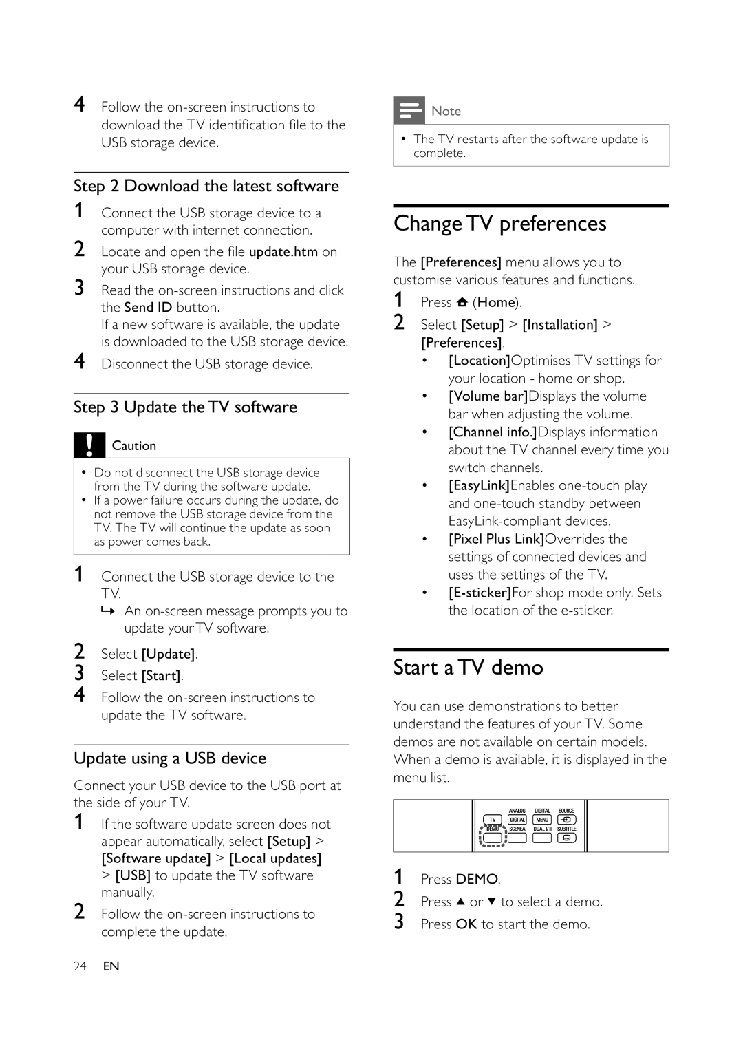 Philips 32PFL5609D/30 user manual ChangeTV preferences, Start aTV demo, Download the latest software, Update theTV software 