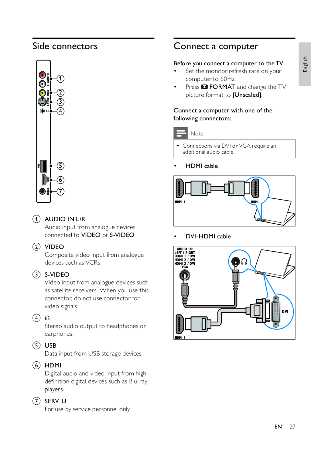 Philips 47PFL5609D/30, 42PFL7409D/30, 32PFL5609D/30, 42PFL5609D/30 Side connectors, Connect a computer, DVI-HDMI cable 