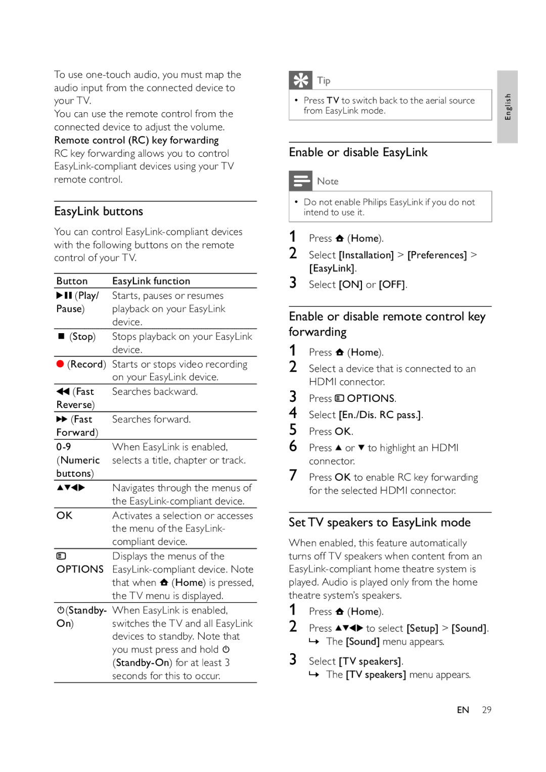 Philips 32PFL5609D/30 EasyLink buttons, Enable or disable EasyLink, Enable or disable remote control key forwarding 