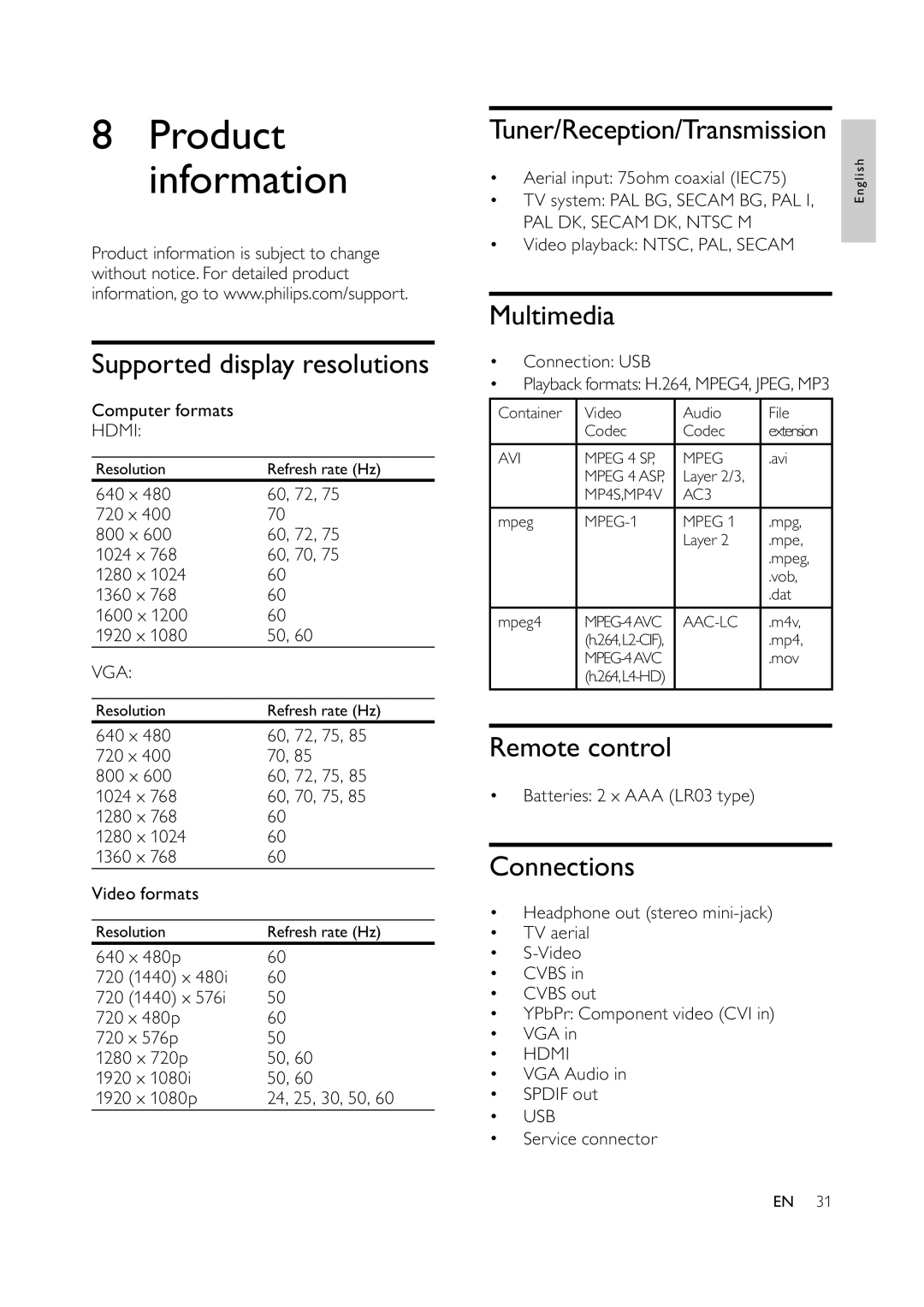 Philips 47PFL7409D/30 Product information, Supported display resolutions, Tuner/Reception/Transmission, Multimedia 