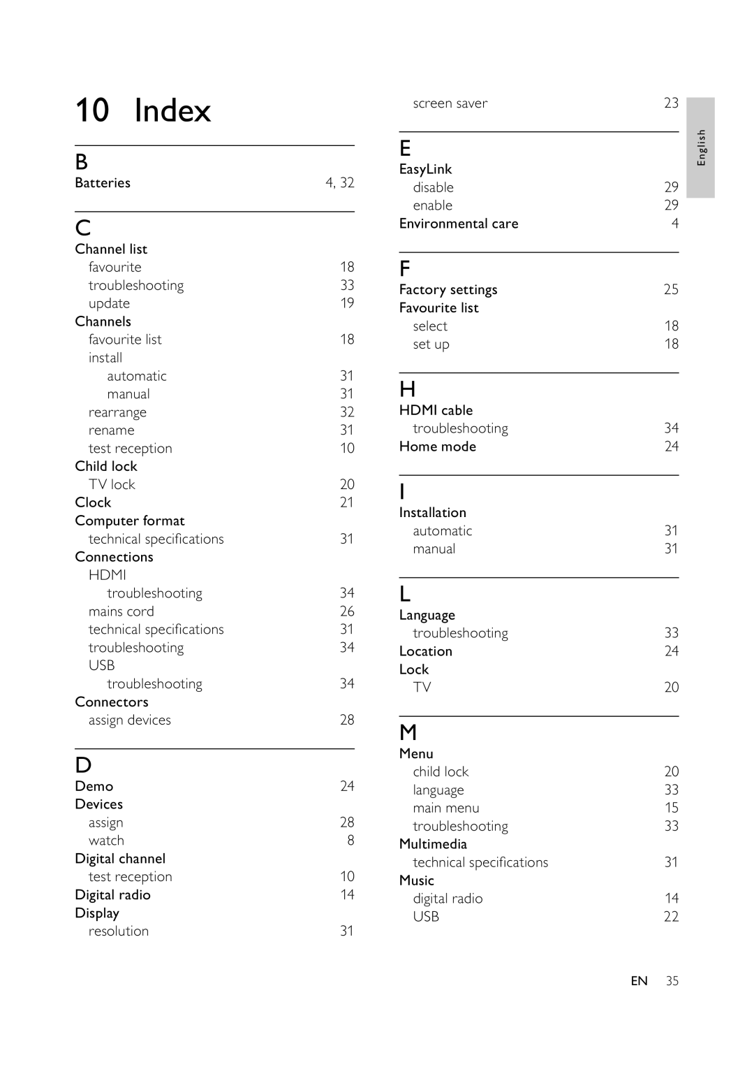 Philips 42PFL5609D/30, 42PFL7409D/30, 32PFL5609D/30, 47PFL7409D/30, 47PFL5609D/30 user manual Index 