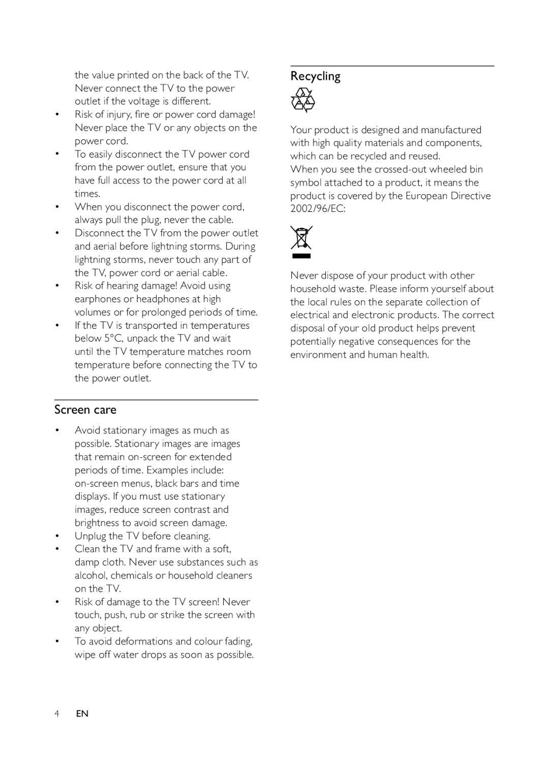 Philips 32PFL5609D/30, 42PFL7409D/30, 42PFL5609D/30, 47PFL7409D/30, 47PFL5609D/30 user manual Screen care, Recycling 