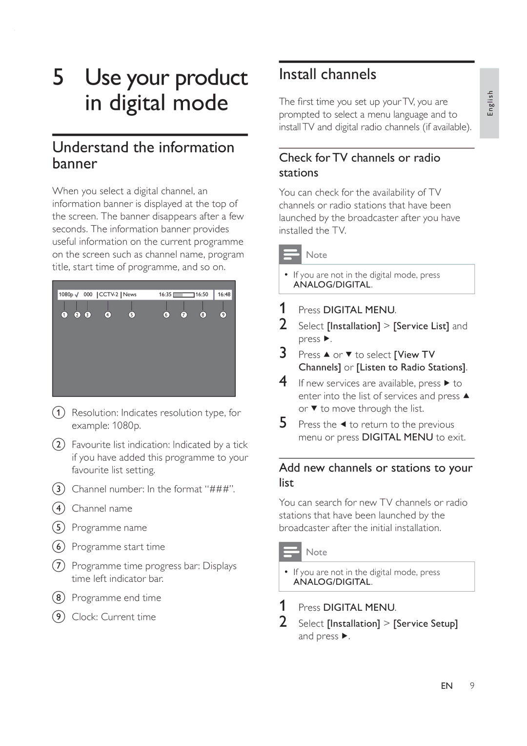 Philips 42PFL7409D/30 Understand the information banner, Install channels, Check forTV channels or radio stations 