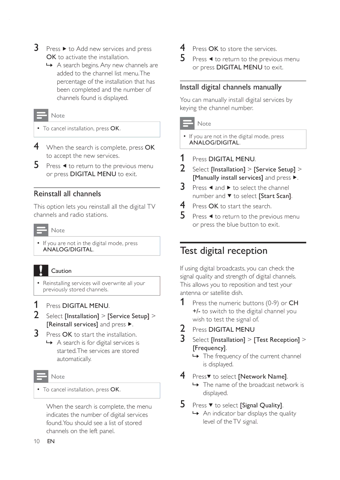 Philips 42PFL7409D/30 user manual Test digital reception, Reinstall all channels, Install digital channels manually 