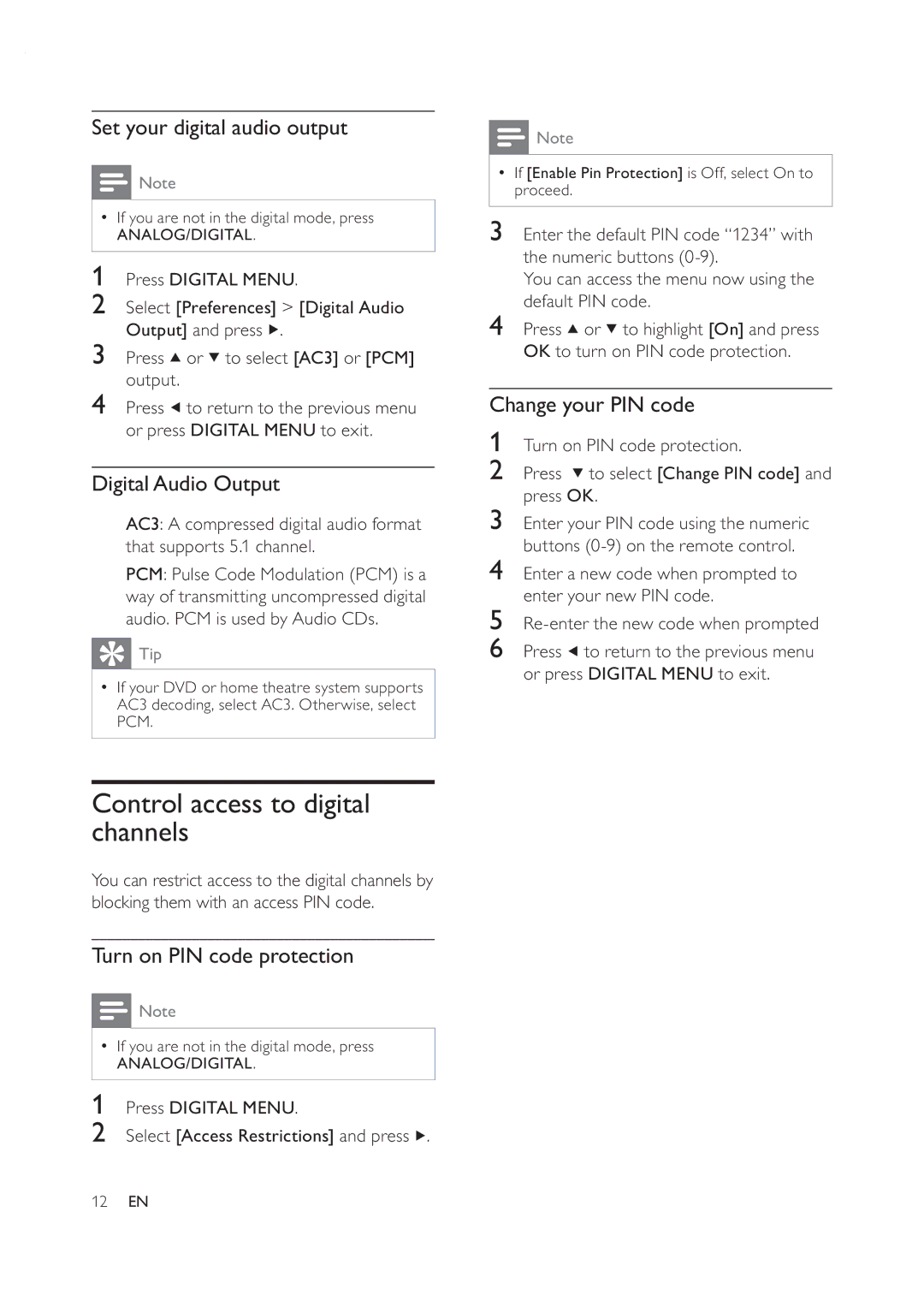 Philips 42PFL7409D/30 user manual Control access to digital channels, Set your digital audio output, Digital Audio Output 