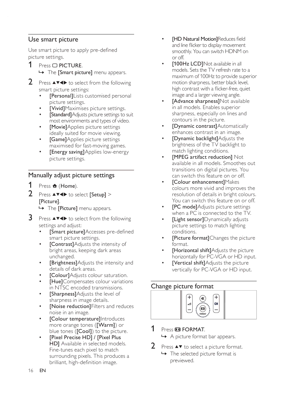 Philips 42PFL7409D/30 user manual Use smart picture, Manually adjust picture settings, Change picture format 