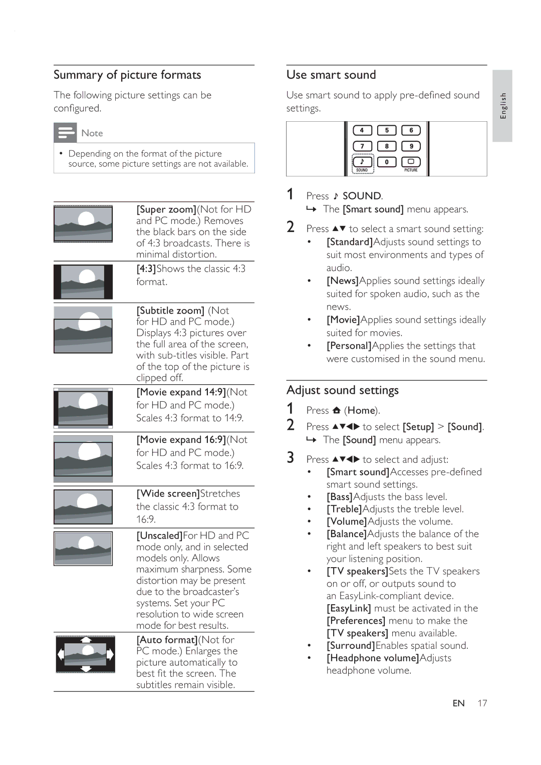 Philips 42PFL7409D/30 user manual Summary of picture formats, Use smart sound, Adjust sound settings 