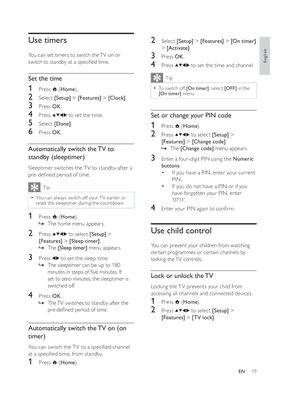 Philips 42PFL7409D/30 user manual Use timers, Use child control 