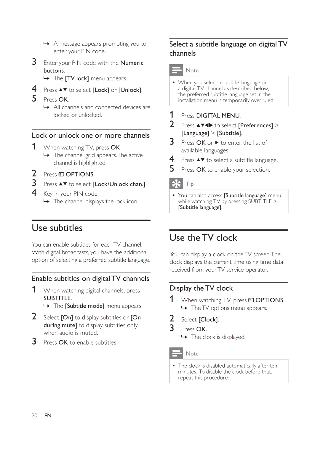 Philips 42PFL7409D/30 user manual Use subtitles, Use theTV clock 