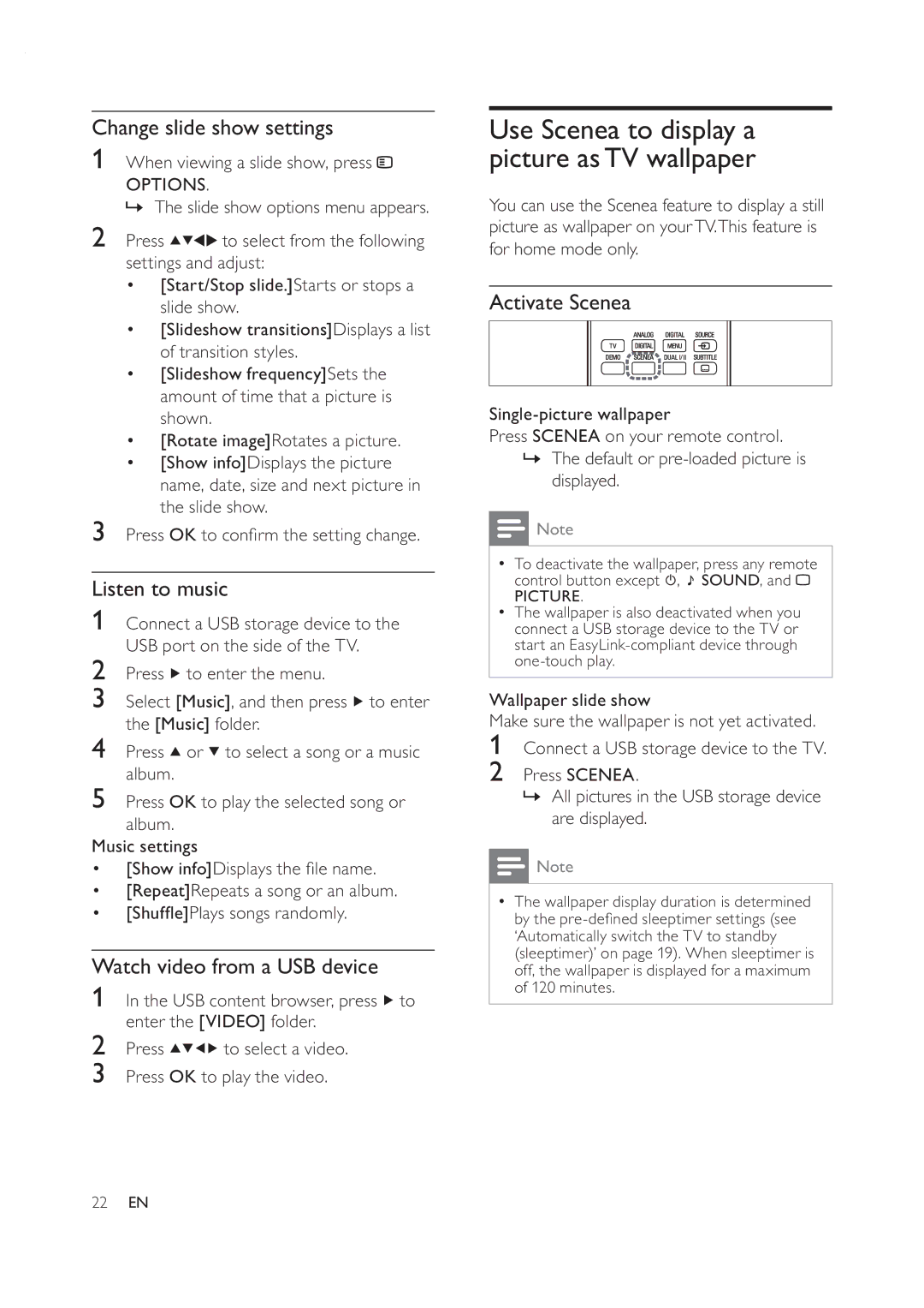 Philips 42PFL7409D/30 Change slide show settings, Listen to music, Watch video from a USB device, Activate Scenea 