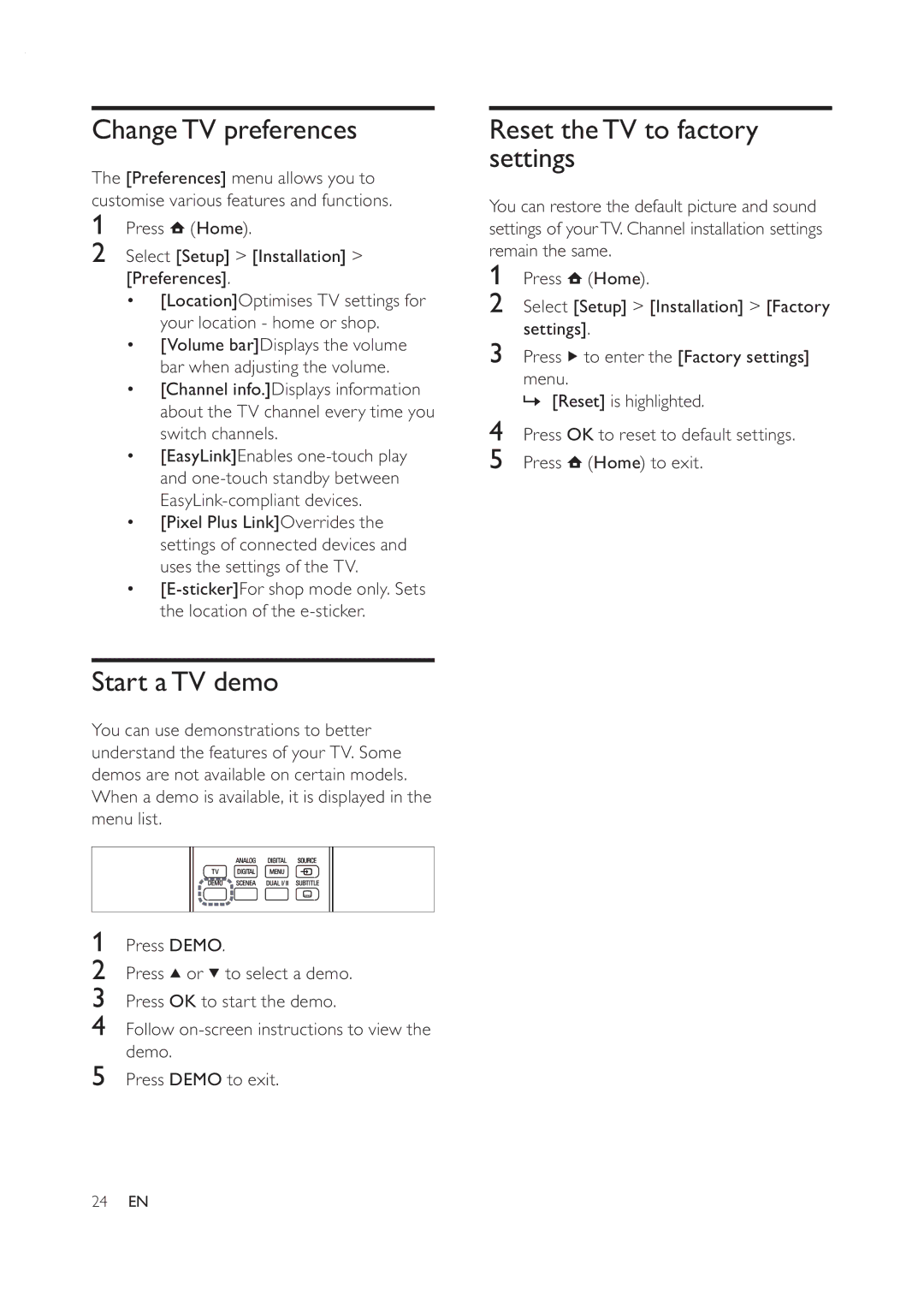 Philips 42PFL7409D/30 user manual ChangeTV preferences, Start aTV demo, Reset theTV to factory settings 