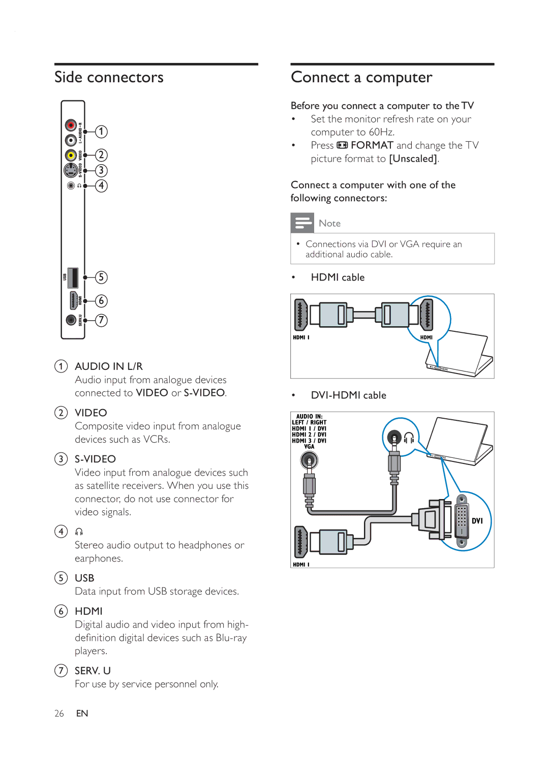 Philips 42PFL7409D/30 user manual Side connectors, Connect a computer, Hdmi cable DVI-HDMI cable 