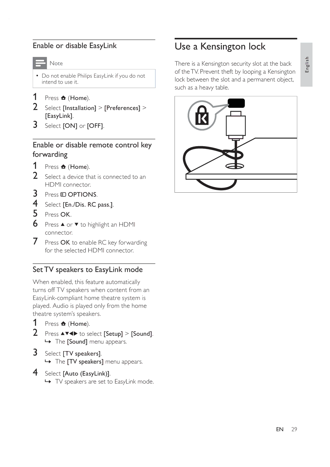 Philips 42PFL7409D/30 Use a Kensington lock, Enable or disable EasyLink, Enable or disable remote control key forwarding 