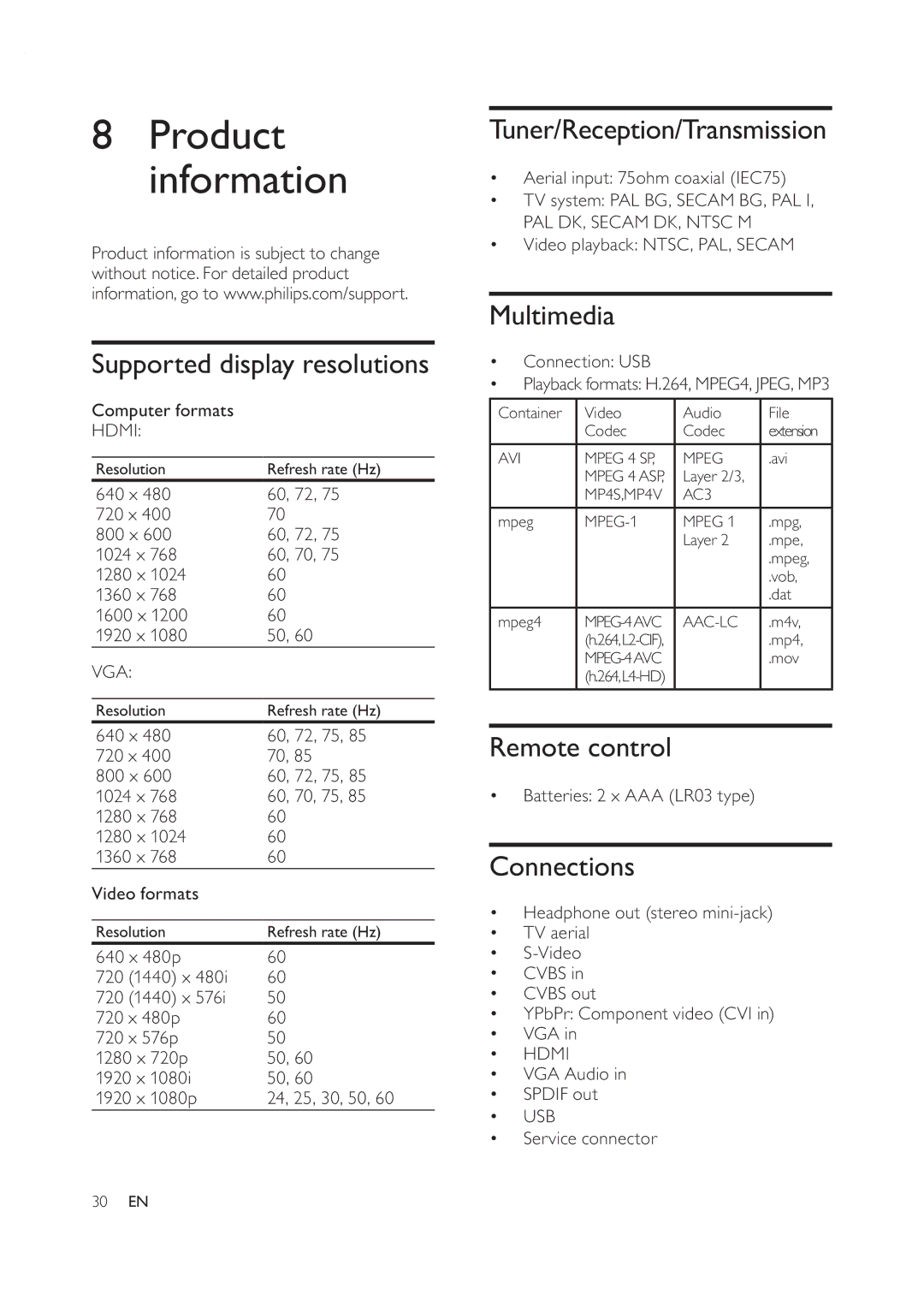 Philips 42PFL7409D/30 Product information, Supported display resolutions, Tuner/Reception/Transmission, Multimedia 