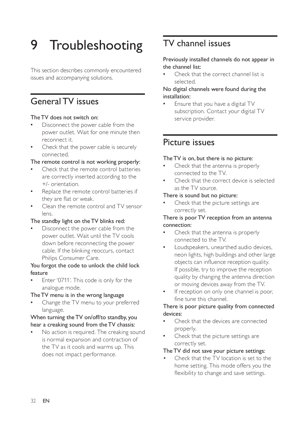 Philips 42PFL7409D/30 user manual Troubleshooting, GeneralTV issues, TV channel issues, Picture issues 