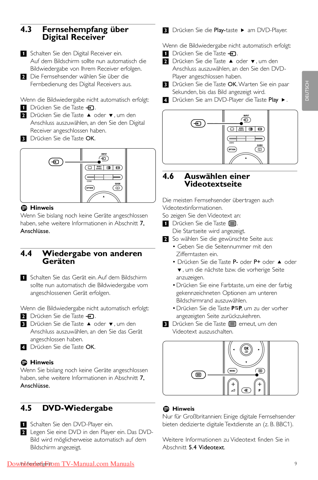 Philips 42PFL7433 Fernsehempfang über Digital Receiver, Wiedergabe von anderen Geräten, Auswählen einer Videotextseite 