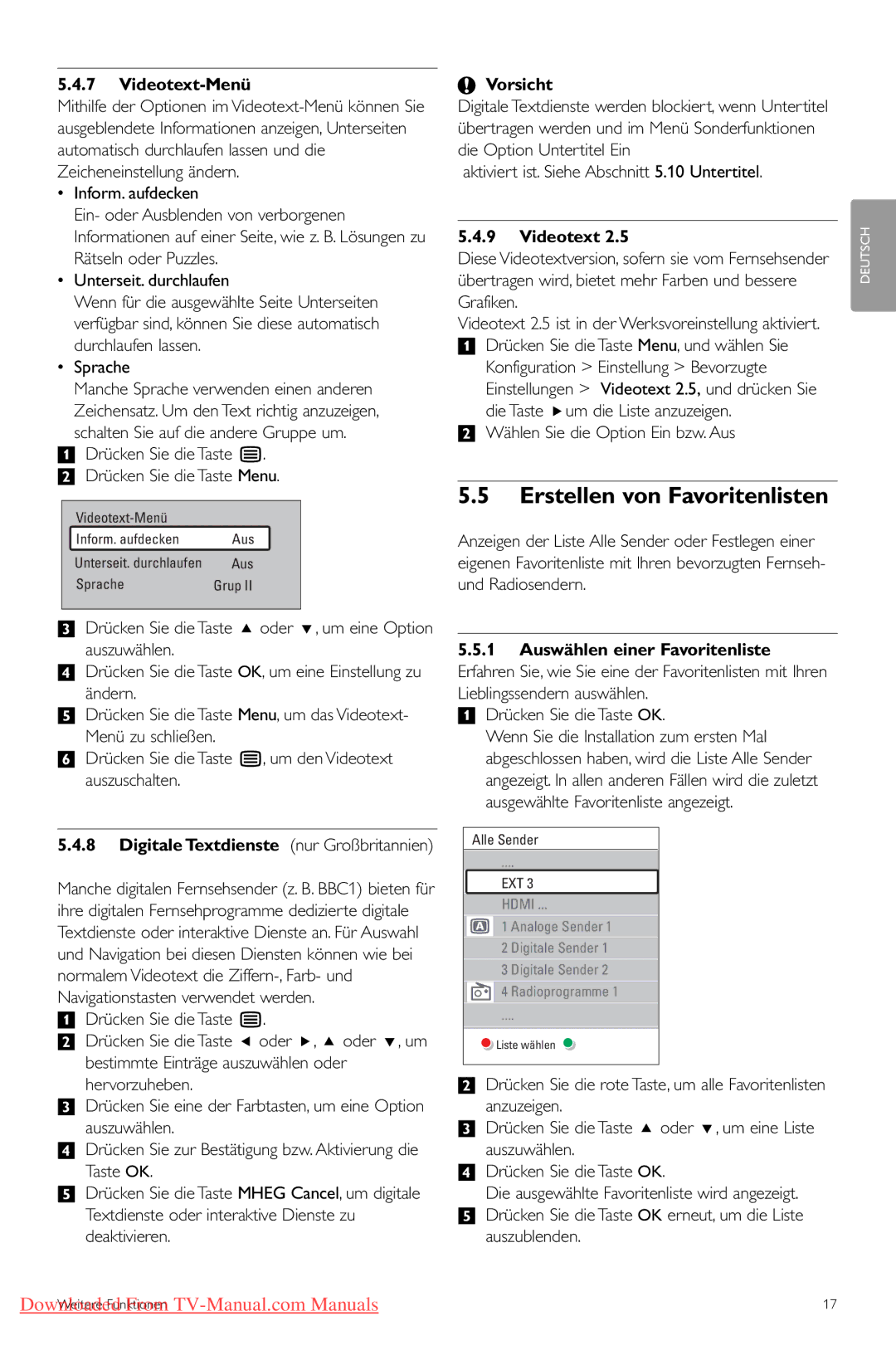 Philips 42PFL7433, 42PFL7423 manual Erstellen von Favoritenlisten, Videotext-Menü, Digitale Textdienste nur Großbritannien 