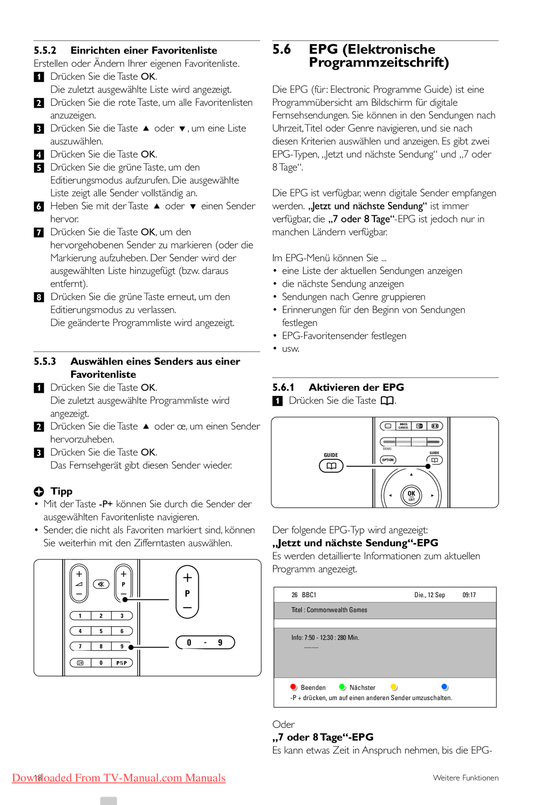 Philips 42PFL7423, 42PFL7433 manual EPG Elektronische Programmzeitschrift, Auswählen eines Senders aus einer Favoritenliste 