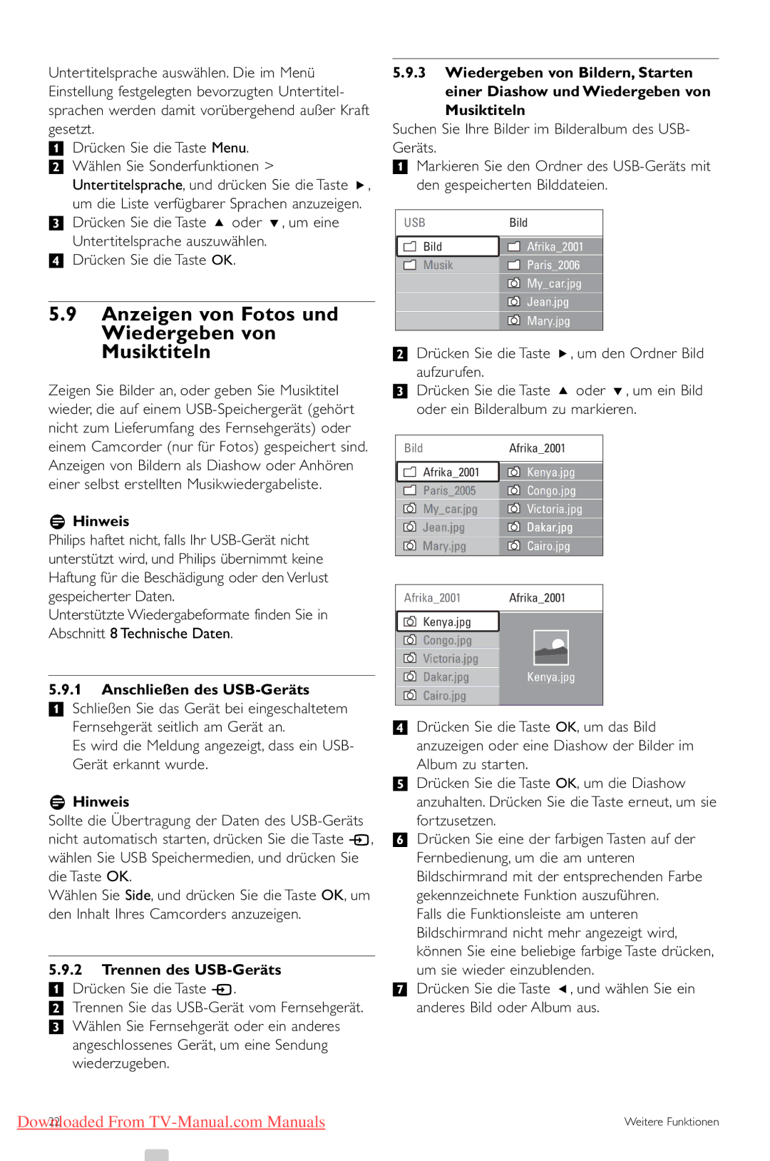 Philips 42PFL7423 Anzeigen von Fotos und Wiedergeben von Musiktiteln, Anschließen des USB-Geräts, Trennen des USB-Geräts 