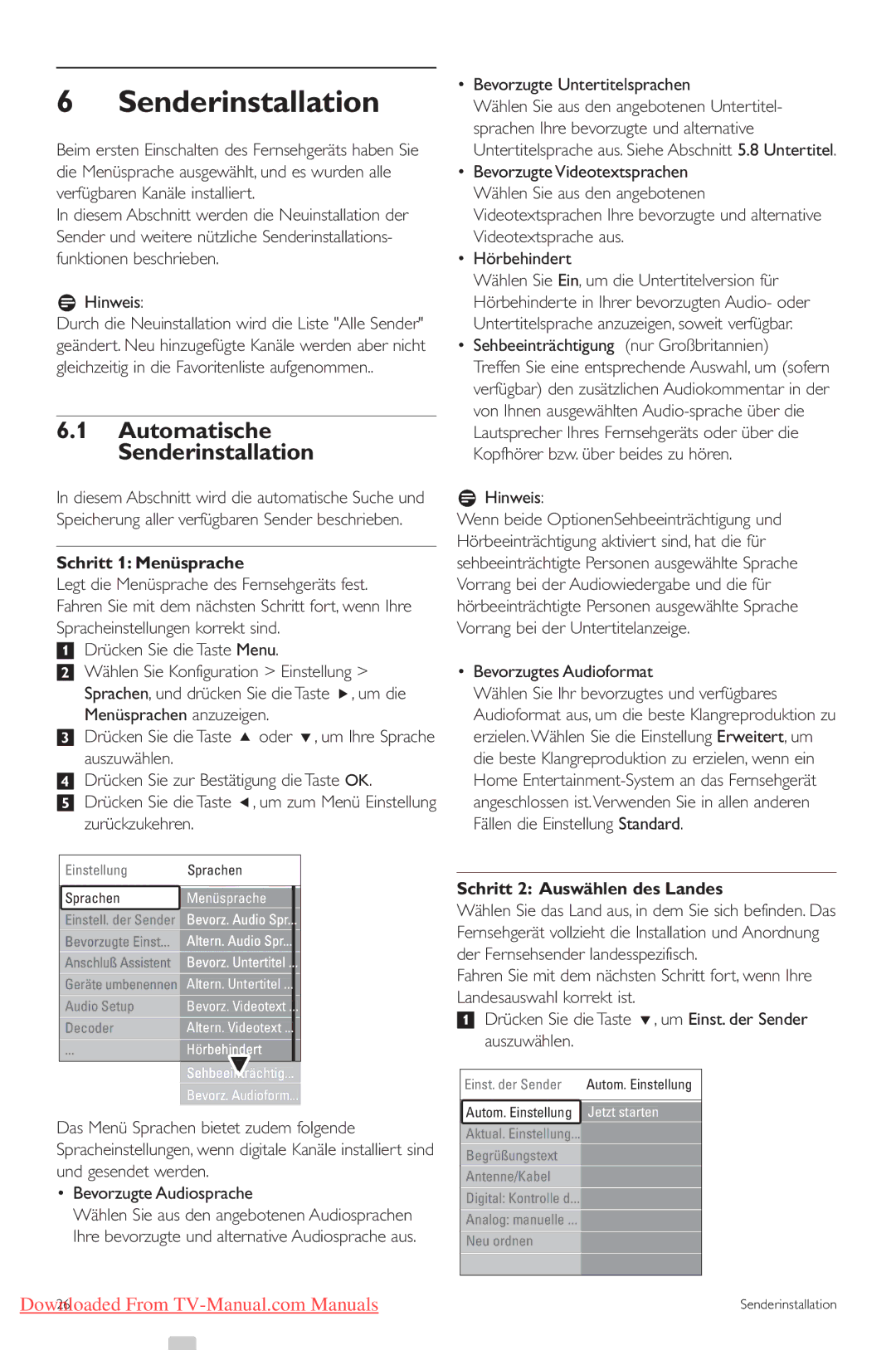 Philips 42PFL7423, 42PFL7433 manual Senderinstallation, Schritt 1 Menüsprache, Sehbeeinträchtigung nur Großbritannien 