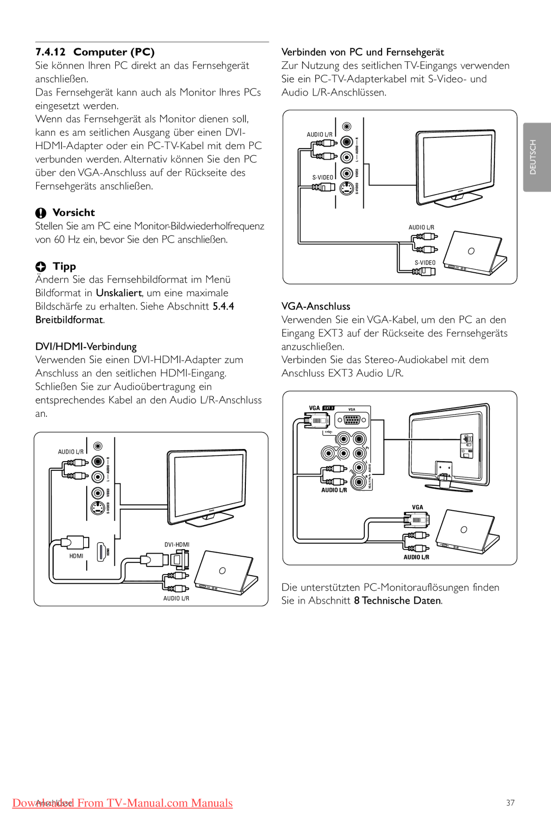 Philips 42PFL7433, 42PFL7423 manual Computer PC, Die unterstützten PC-Monitorauflösungen finden 