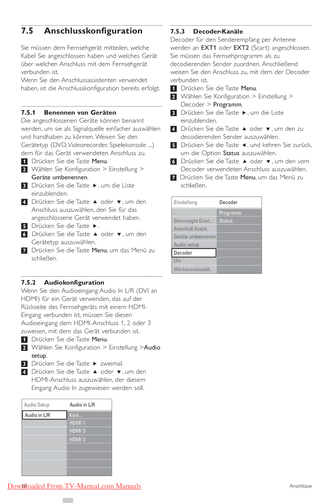 Philips 42PFL7423, 42PFL7433 manual Anschlusskonfiguration, Benennen von Geräten, Audiokonfiguration, Decoder-Kanäle 