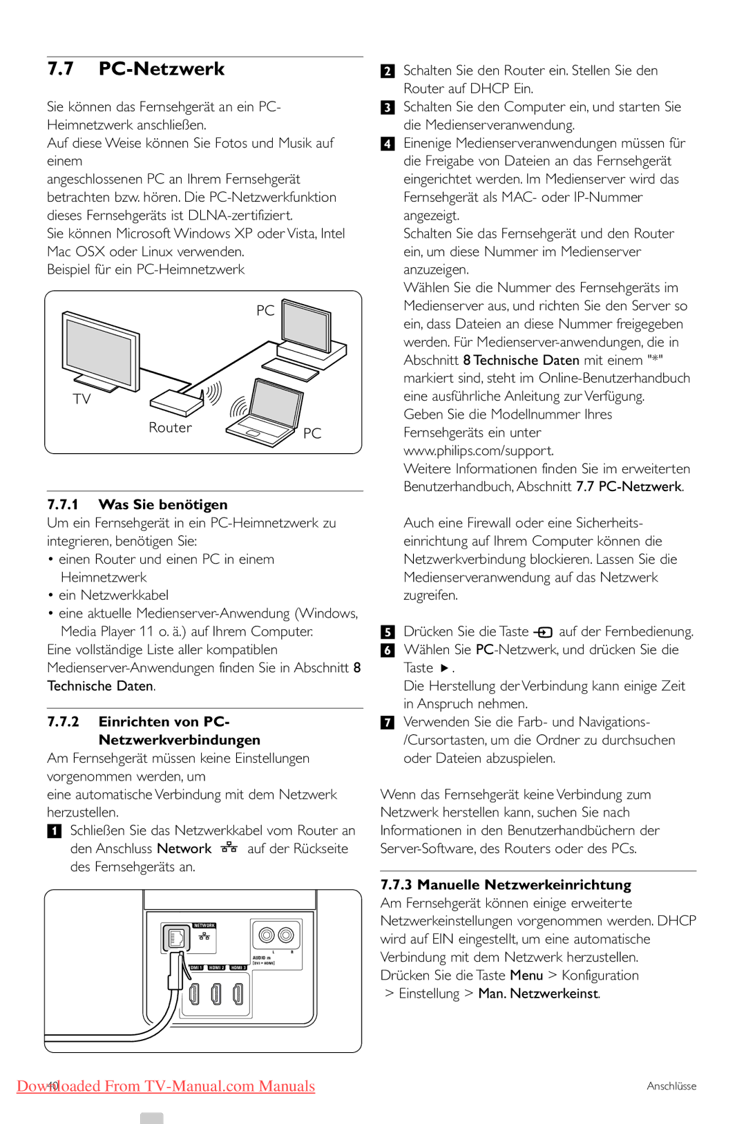 Philips 42PFL7423, 42PFL7433 manual PC-Netzwerk, Auf diese Weise können Sie Fotos und Musik auf einem, Was Sie benötigen 