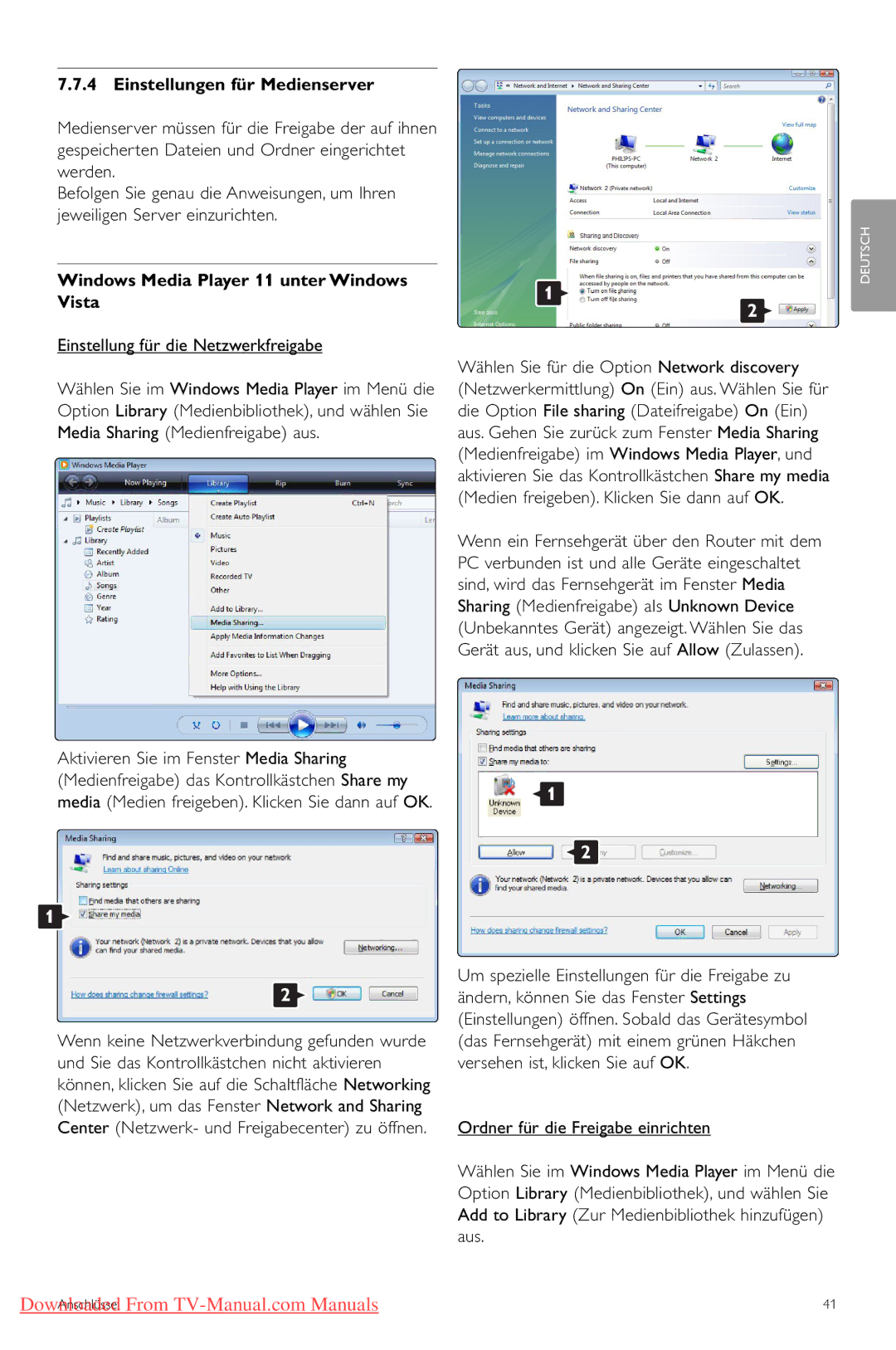 Philips 42PFL7433, 42PFL7423 manual Einstellungen für Medienserver, Windows Media Player 11 unter Windows Vista 