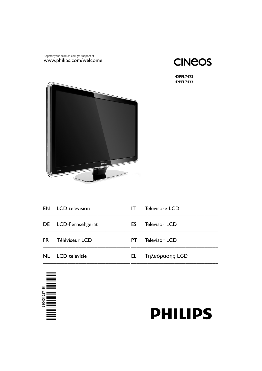 Philips 42PFL7433, 42PFL7423 manual EN LCD televisionIT Televisore LCD, DE LCD-FernsehgerätES Televisor LCD 