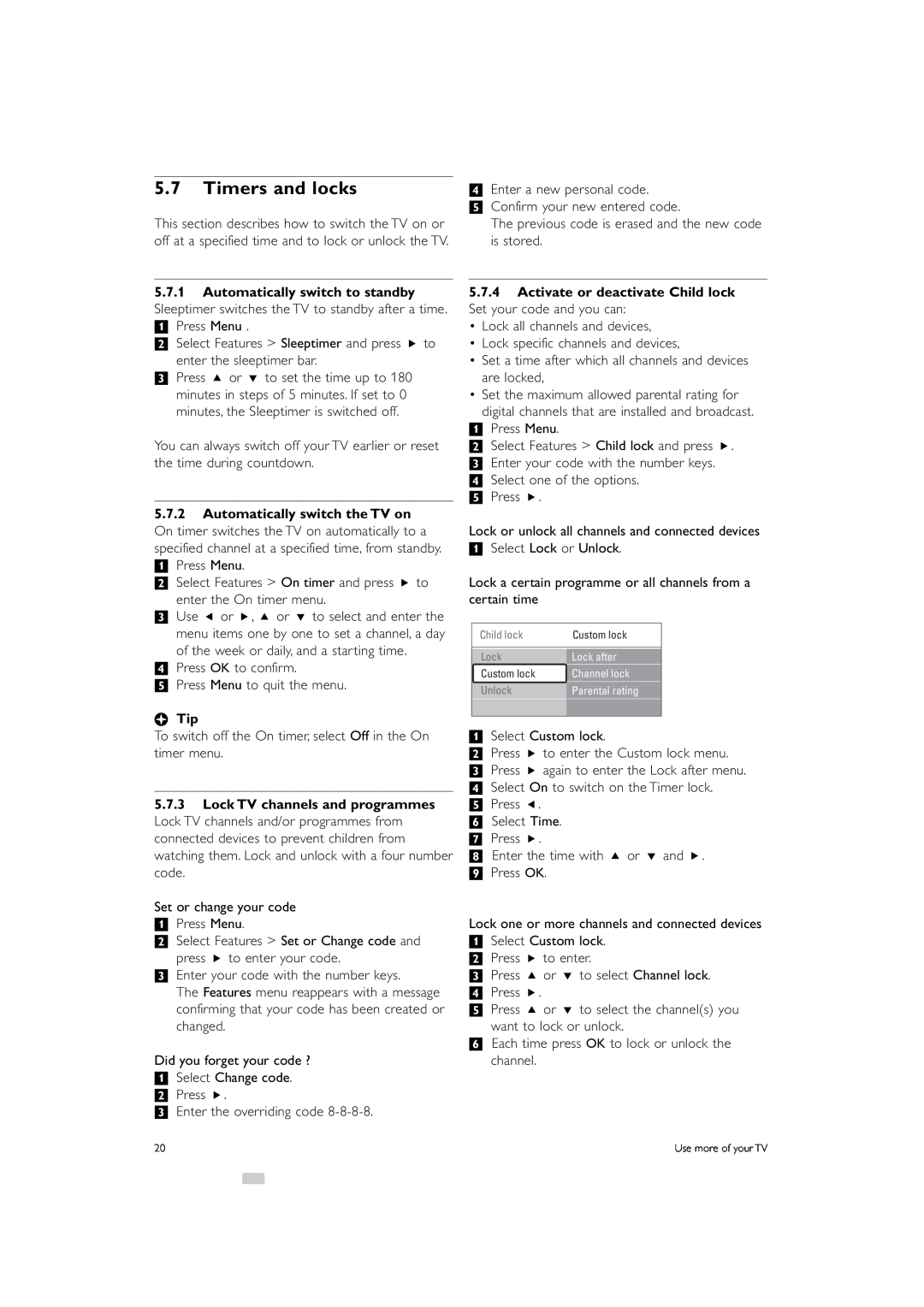 Philips 42PFL7423 Timers and locks, Activate or deactivate Child lock Set your code and you can, à Tip, Lock, Custom lock 