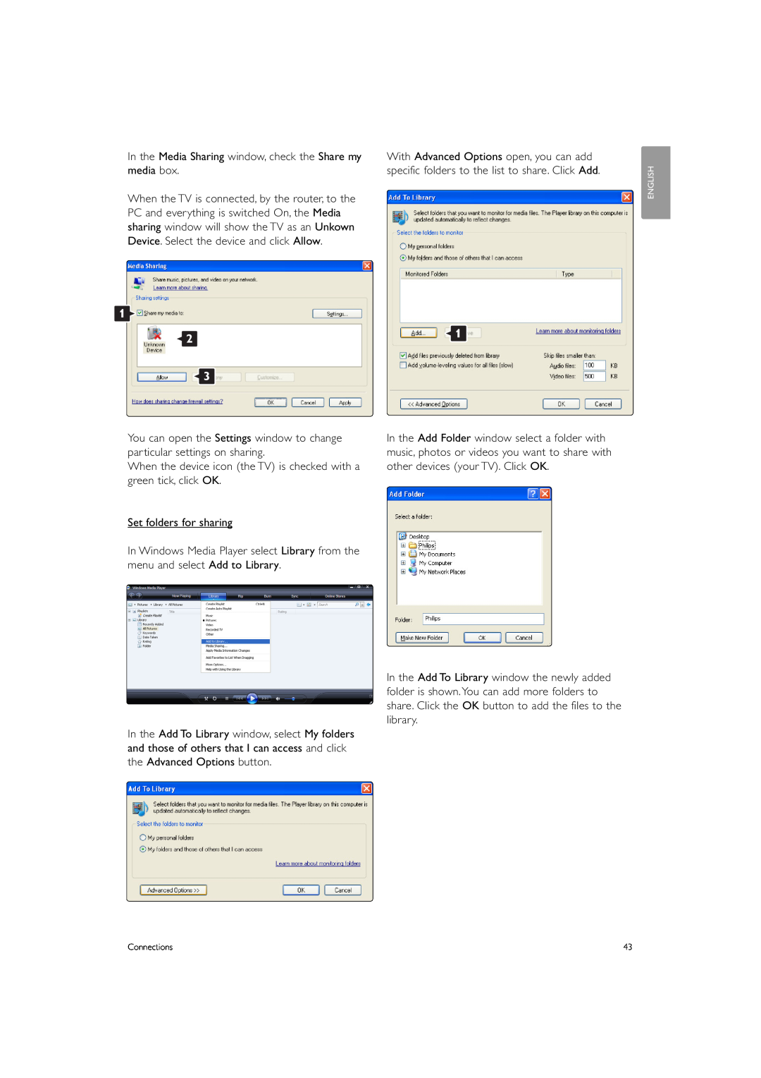 Philips 42PFL7433, 42PFL7423 manual In the Media Sharing window, check the Share my media box 