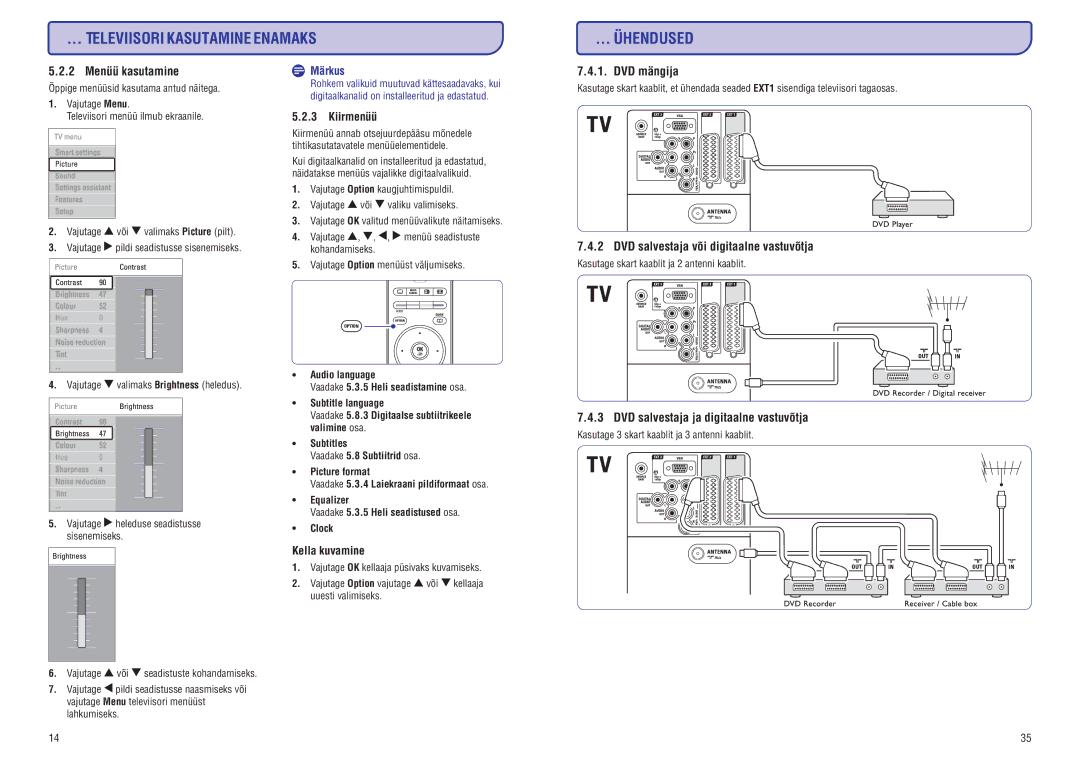 Philips 42PFL7423D-H manual Televiisori Kasutamine Enamaks Ühendused, 2 Menüü kasutamine, DVD mängija 