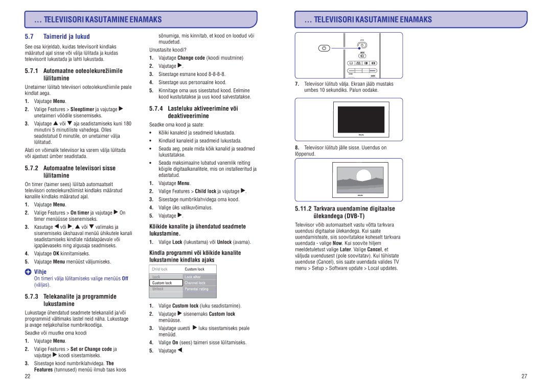 Philips 42PFL7423D-H manual Taimerid ja lukud, Automaatne televiisori sisse lülitamine 