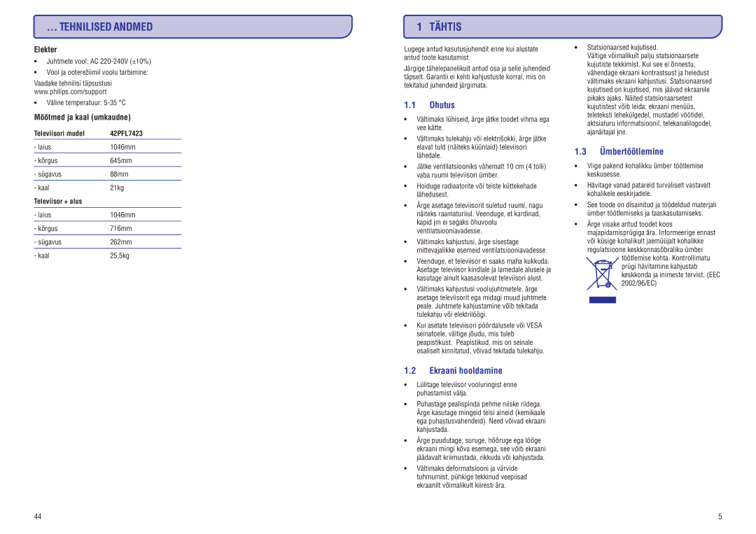 Philips 42PFL7423D-H manual Tehnilised Andmed, Tähtis, Ohutus, Ekraani hooldamine, Ümbertöötlemine 