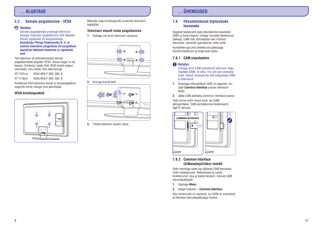 Philips 42PFL7423D-H manual Seinale paigaldamine Vesa, Ettevalmistused digitaalseks teenuseks, CAM sisestamine 