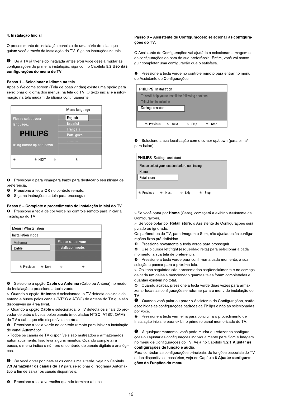 Philips 42PFL7432D, 47PFL7432D manual Instalação Inicial, Passo 1 Selecionar o idioma na tela 