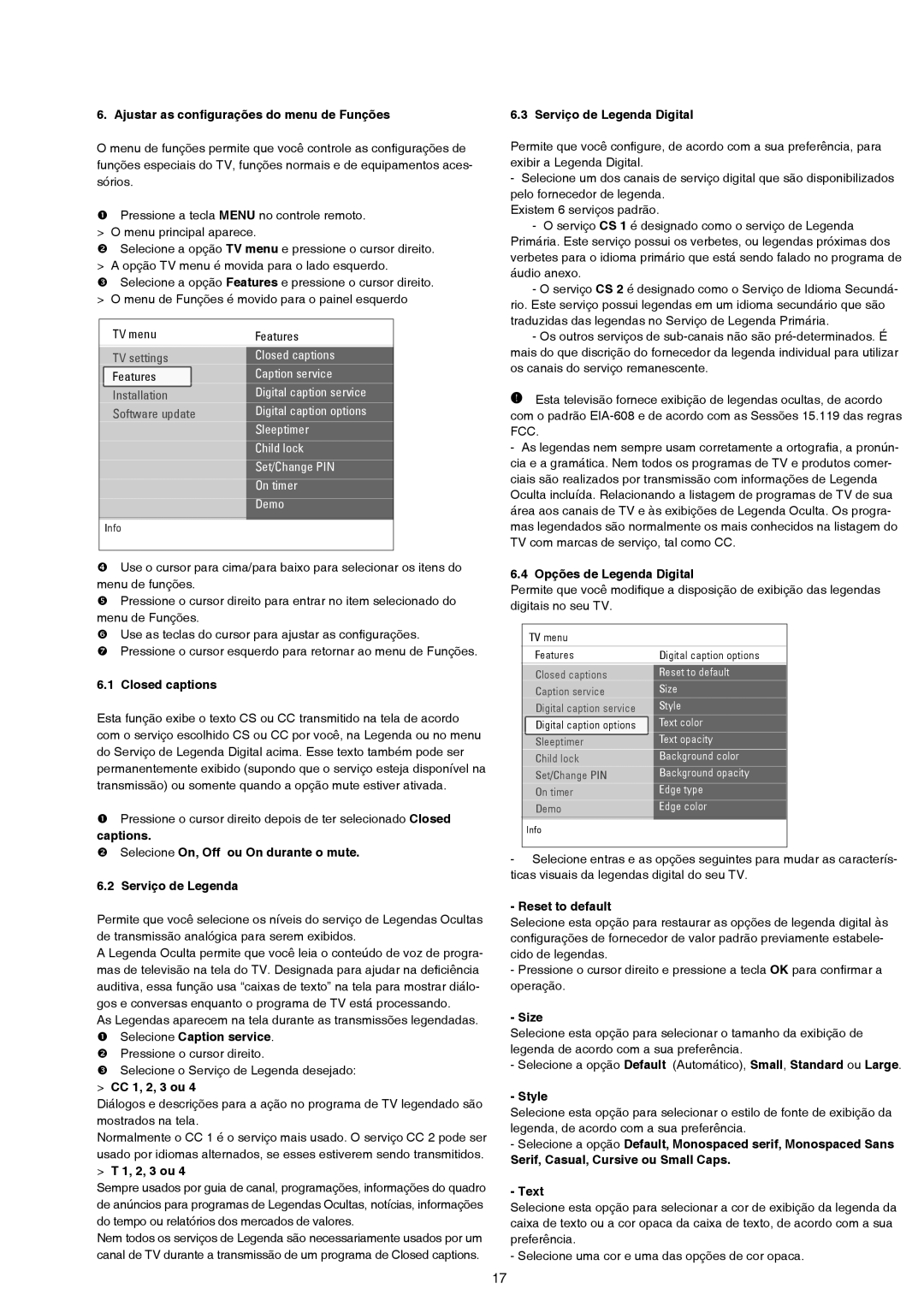 Philips 47PFL7432D Ajustar as conﬁgurações do menu de Funções, CC 1, 2, 3 ou, Serviço de Legenda Digital, Reset to default 