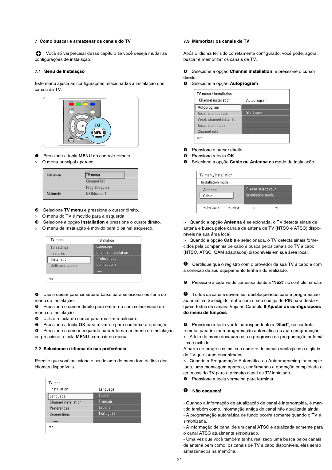 Philips 47PFL7432D Como buscar e armazenar os canais do TV, Menu de Instalação, Selecionar o idioma de sua preferência 