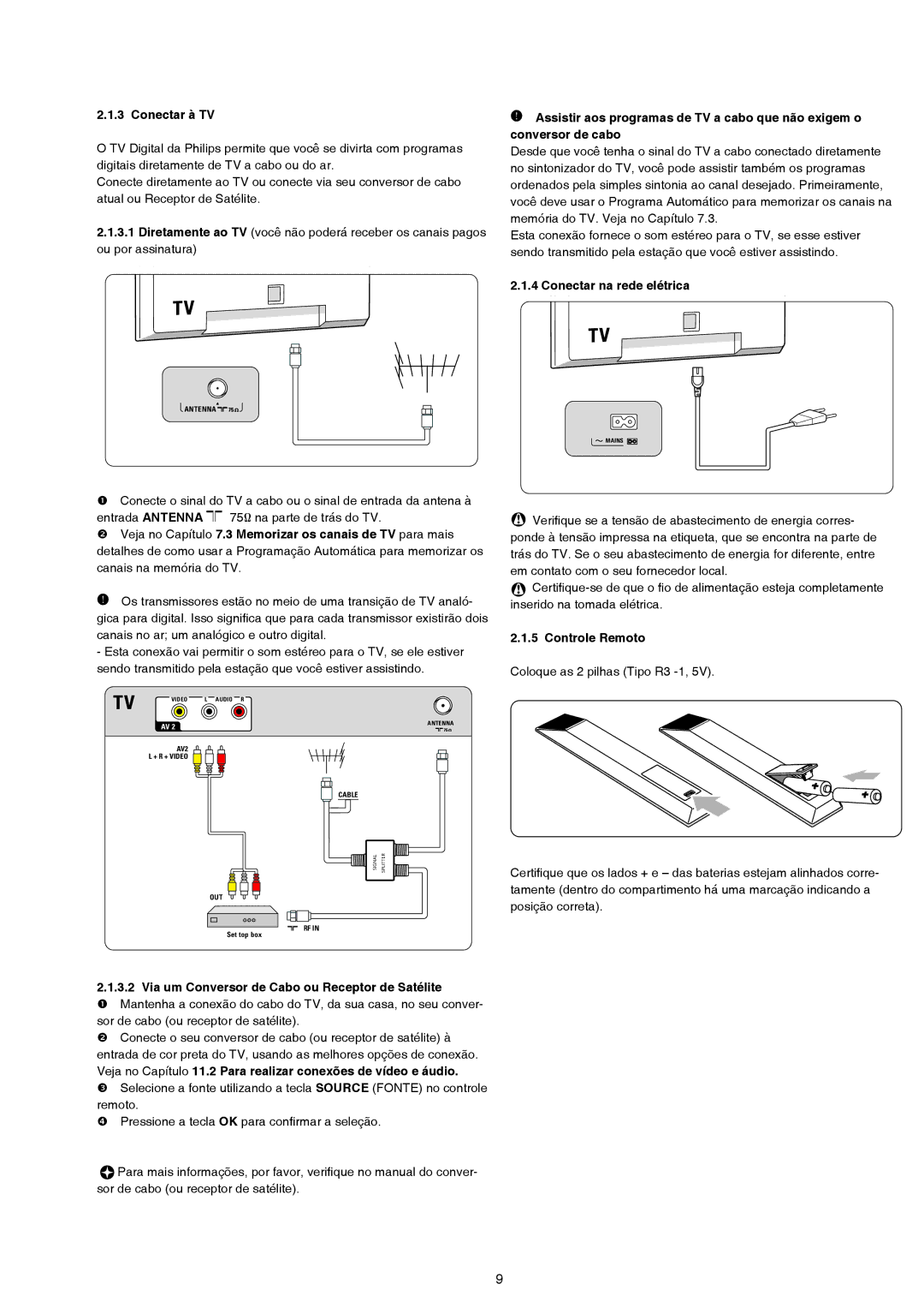 Philips 47PFL7432D, 42PFL7432D manual Conectar à TV, Conectar na rede elétrica, Controle Remoto 