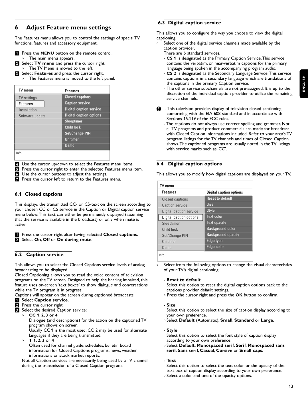 Philips 42PFL7432D/37 warranty Adjust Feature menu settings, Closed captions, Caption service, Digital caption service 