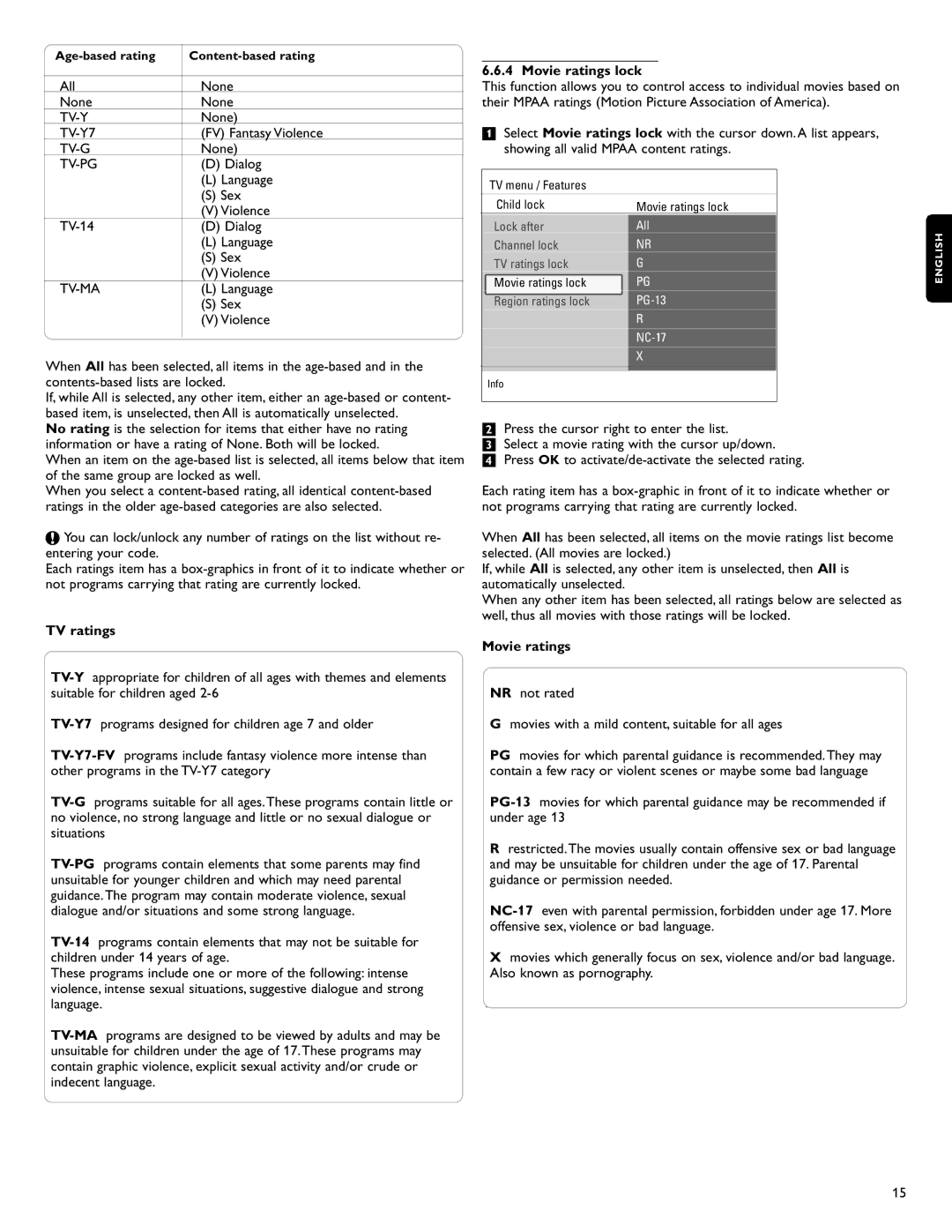 Philips 42PFL7432D/37 warranty TV ratings, Movie ratings lock 