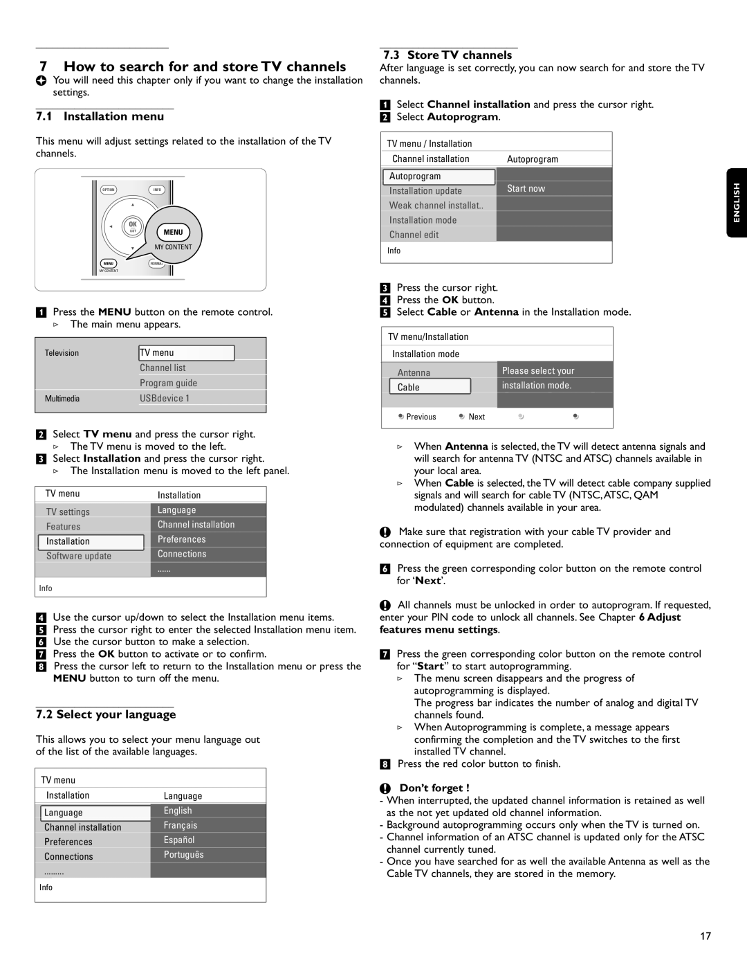 Philips 42PFL7432D/37 How to search for and store TV channels, Installation menu, Select your language, Store TV channels 